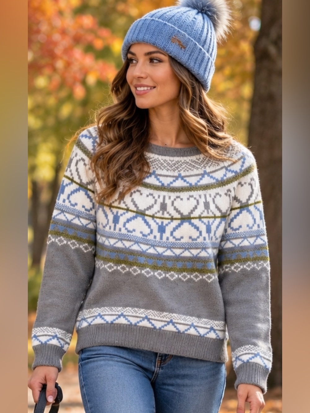 Cozy Fair Isle Crewneck Nordic Knit Sweater Blue Grey size Medium great to Layer